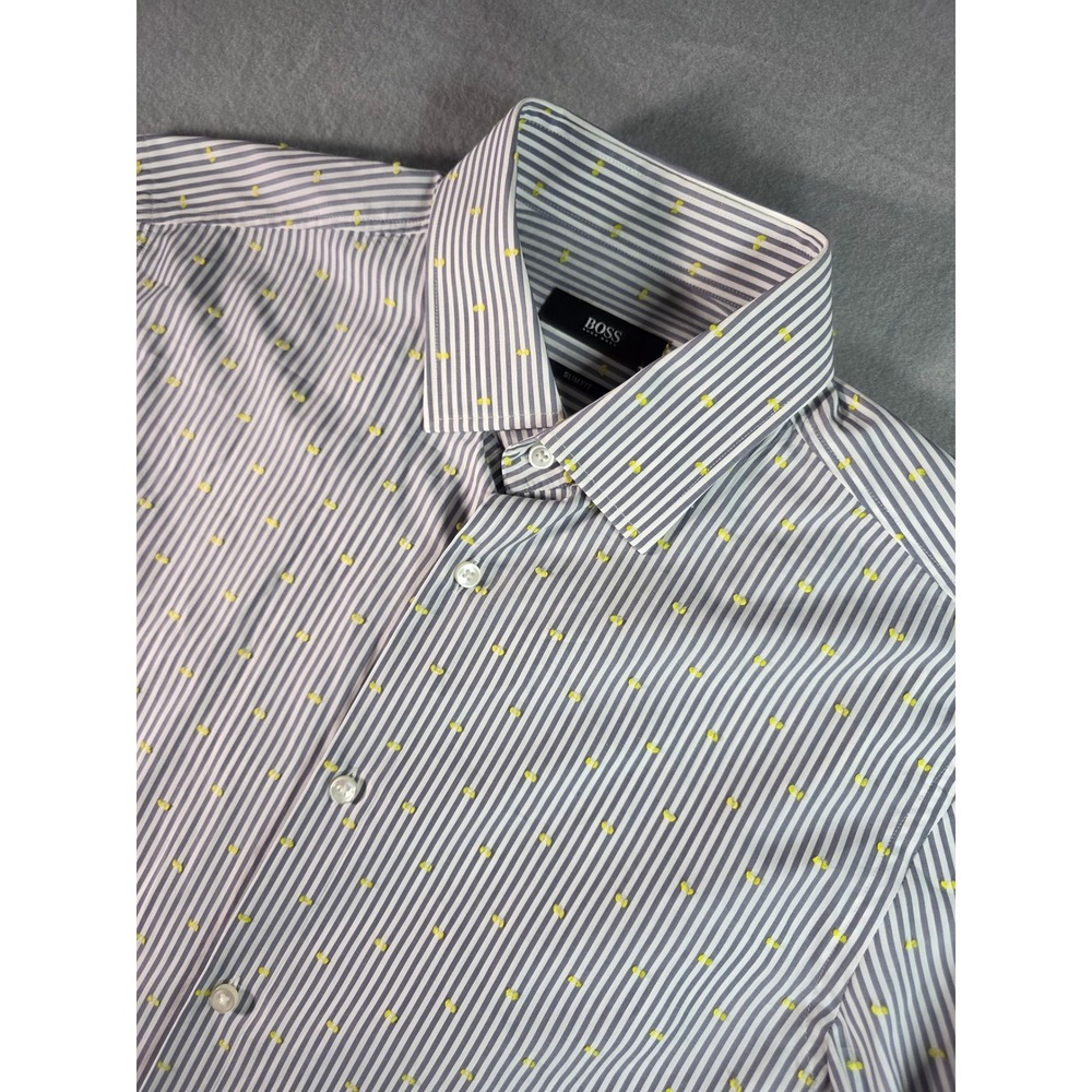 HUGO BOSS Jenno Slim Fit Shirt Mens 15 Grey White Striped Yellow Embroidered